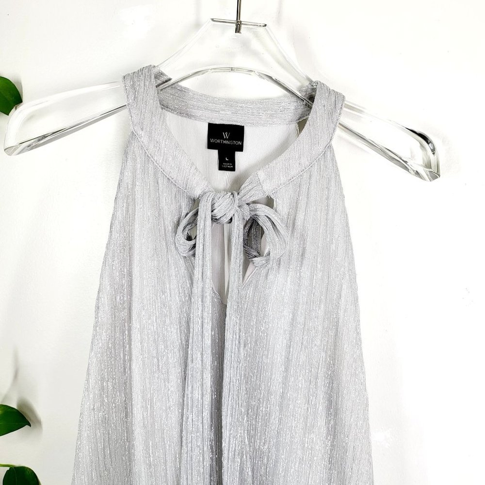 WORTHINGTON Silver Sparkle Halter Top LARGE Tie Neck Holiday Glitter Sleeveless - Picture 4 of 10